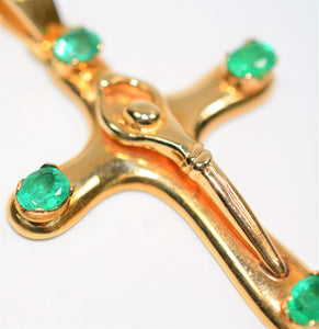 Natural Colombian Emerald 18K Solid Yellow Gold 2.20tcw Cross Crucifix Rosary Religious Pendant Heavy Men's Unisex Women's Estate Jewellery