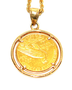 2.5 Dollar Indian Head Gold Quarter Eagle Coin Necklace 14K Solid Gold Necklace Enamel Coin Pendant Ingot Bullion Necklace Estate Vintage