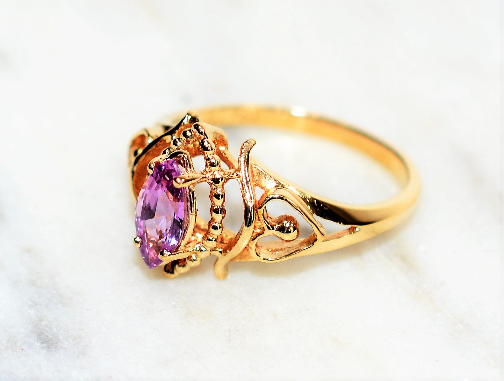 Natural Padparadscha Sapphire Ring 10K Solid Gold .74ct Gemstone Ring Solitaire Ring Marquise Ring Vintage Ring Statement Ring Women's Ring