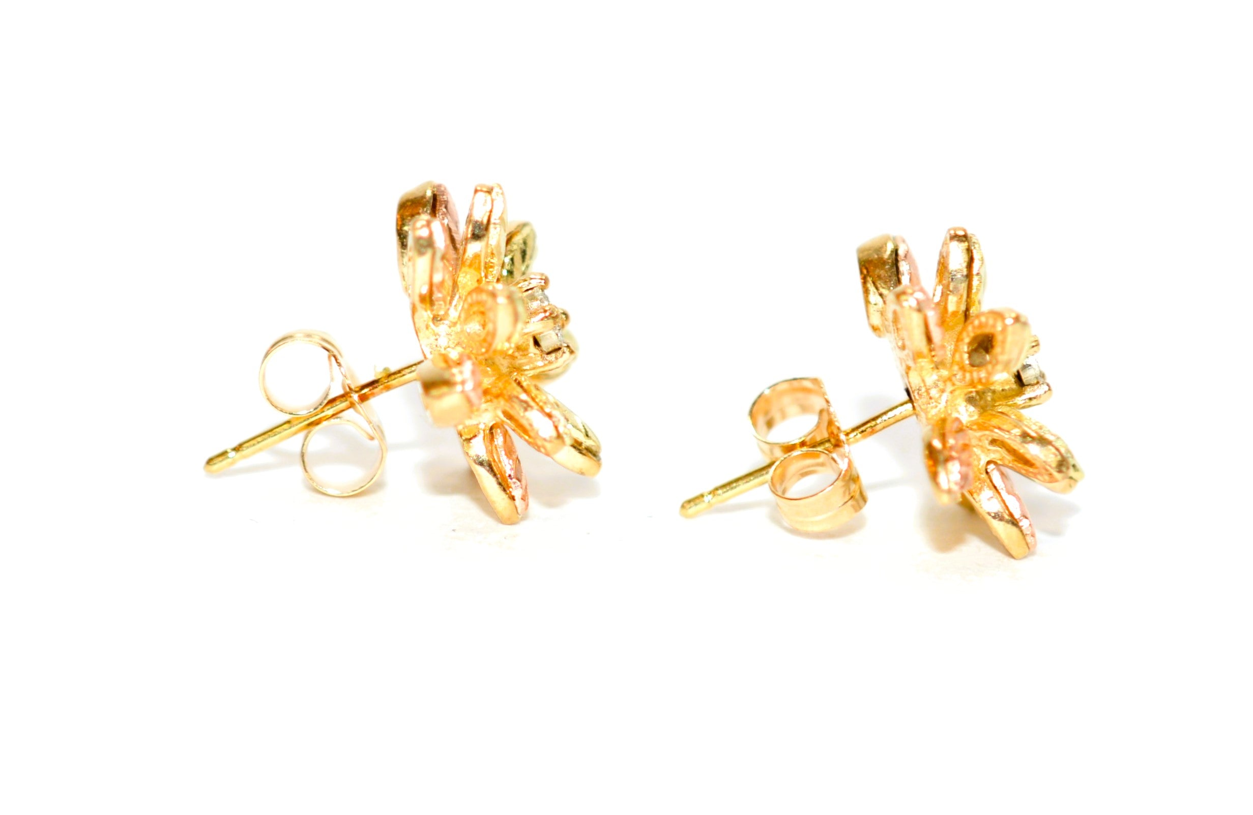 Natural Diamond Earrings 10K Solid Gold .06tcw Black Hills Gold Earrings Black Hills Dakota Leaf Flower Earrings Nature Earrings Tri Color