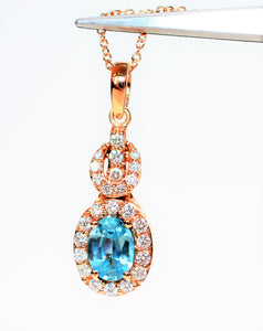 LeVian Natural Blue Zircon & Diamond Necklace 14K Solid Rose Gold 1.55tcw Designer Necklace Zircon Necklace Pendant Necklace LeVian Necklace