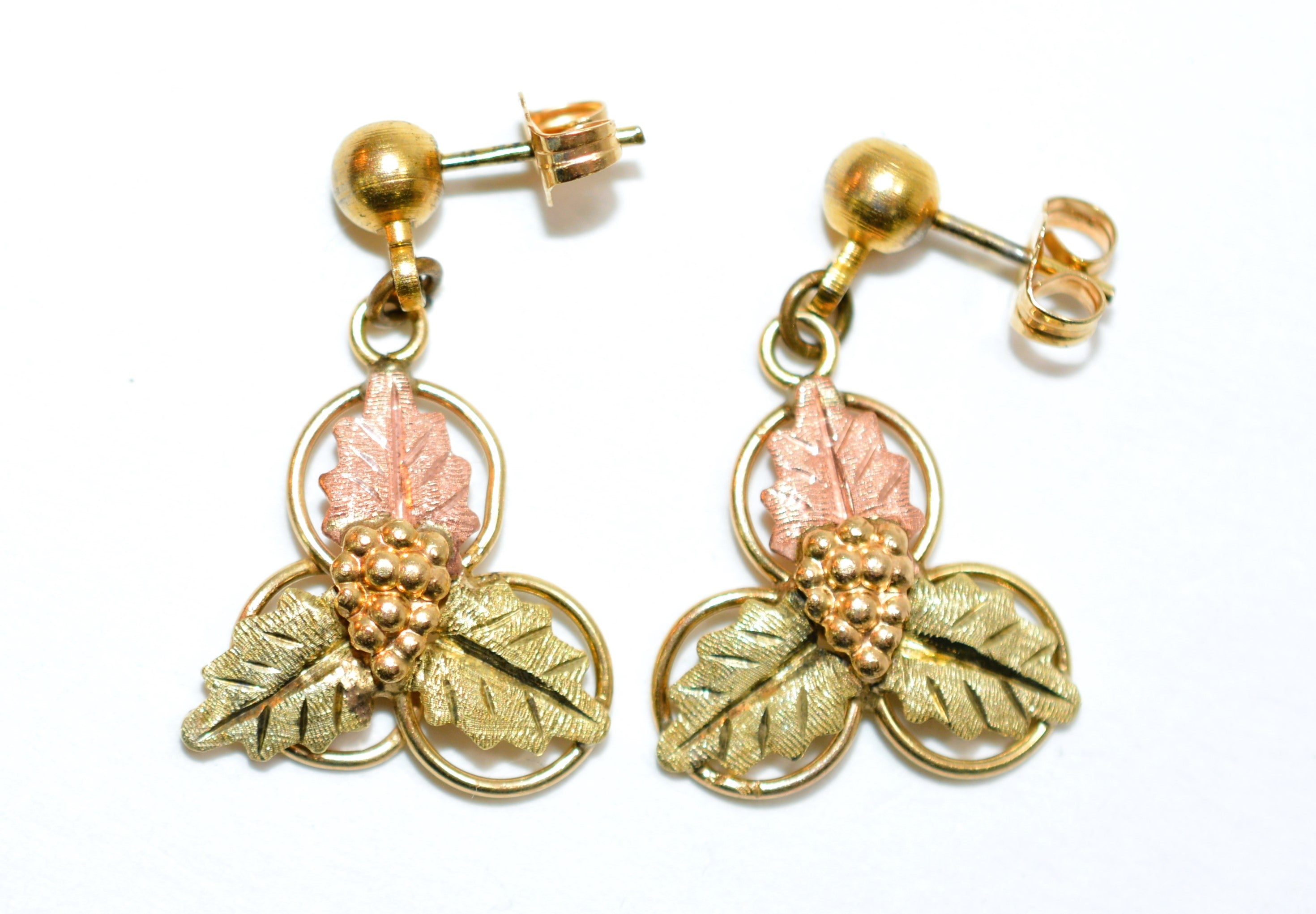 Black Hills Gold Earrings 12K Solid Gold Grape Leaf Earrings Tri-Color Gold Earrings South Dakota Dangle Drop Earrings Vintage American USA