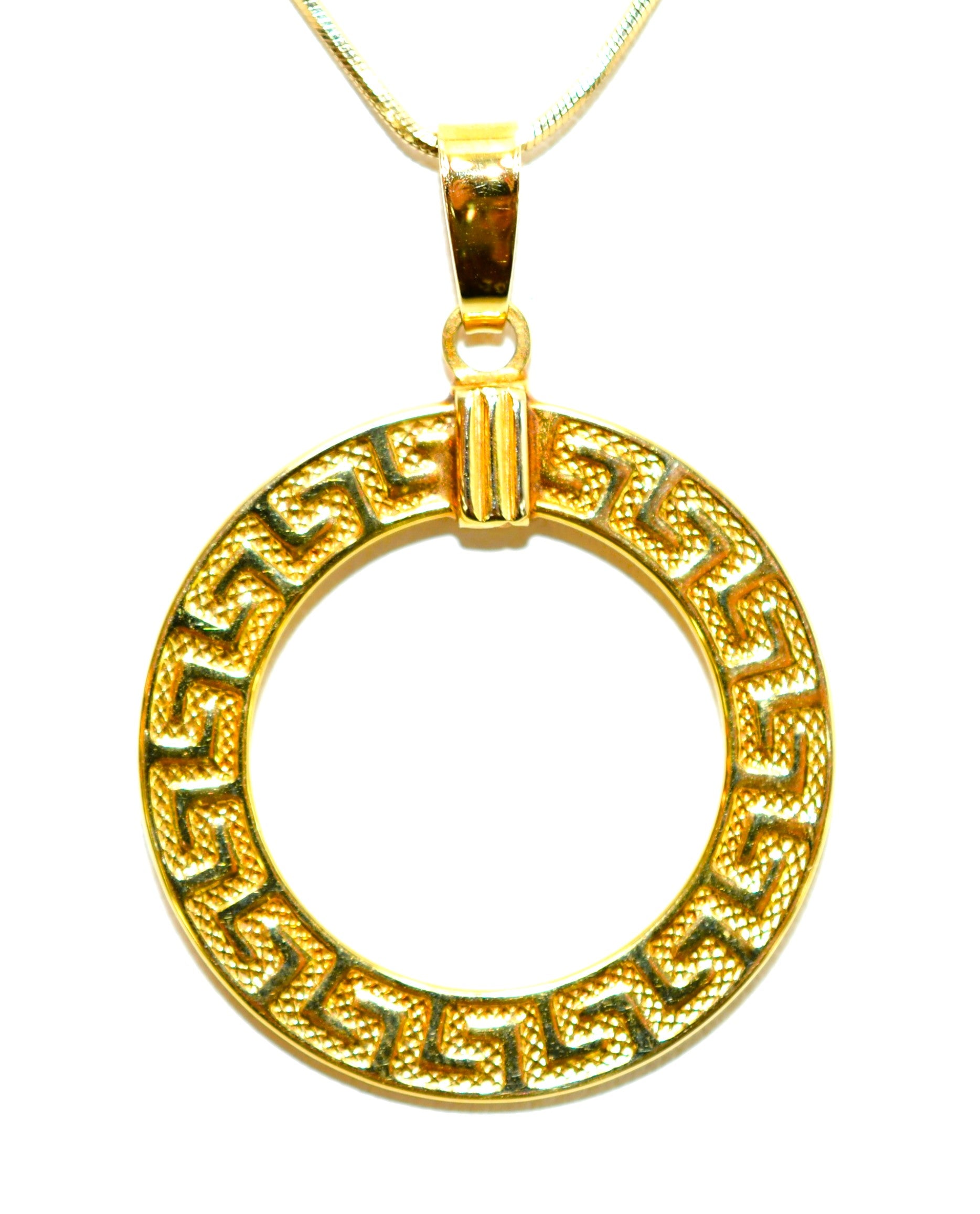 14K Solid Gold Pendant Necklace Circle Pendant No Stone Necklace Statement Jewellery Vintage Estate Jewelry Yellow Gold Pattern Snake Chain