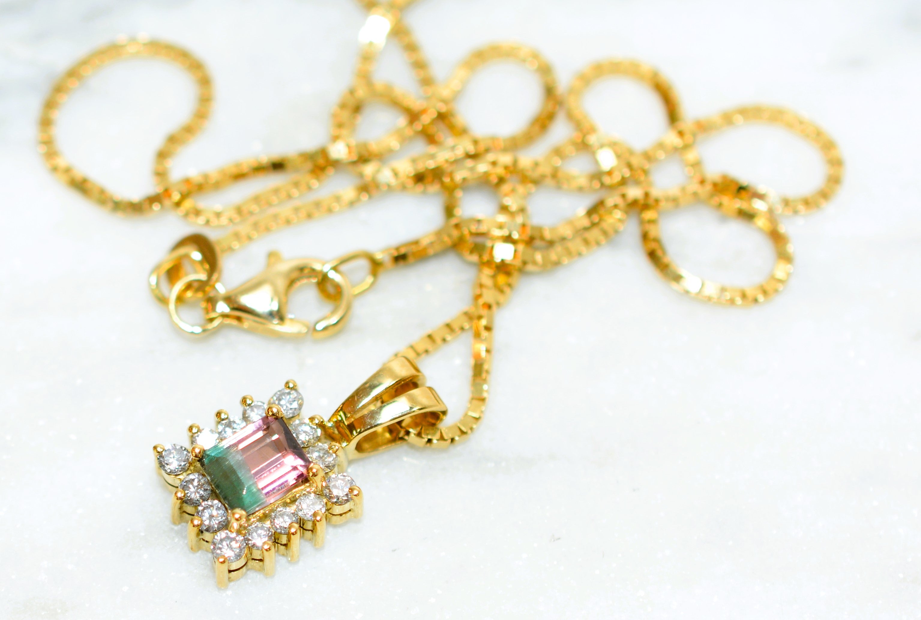 Natural Watermelon Tourmaline & Diamond Necklace 18K Solid Gold 1.09tcw Gemstone Pendant Womens Necklace Fine Jewelry Estate Jewelry Vintage