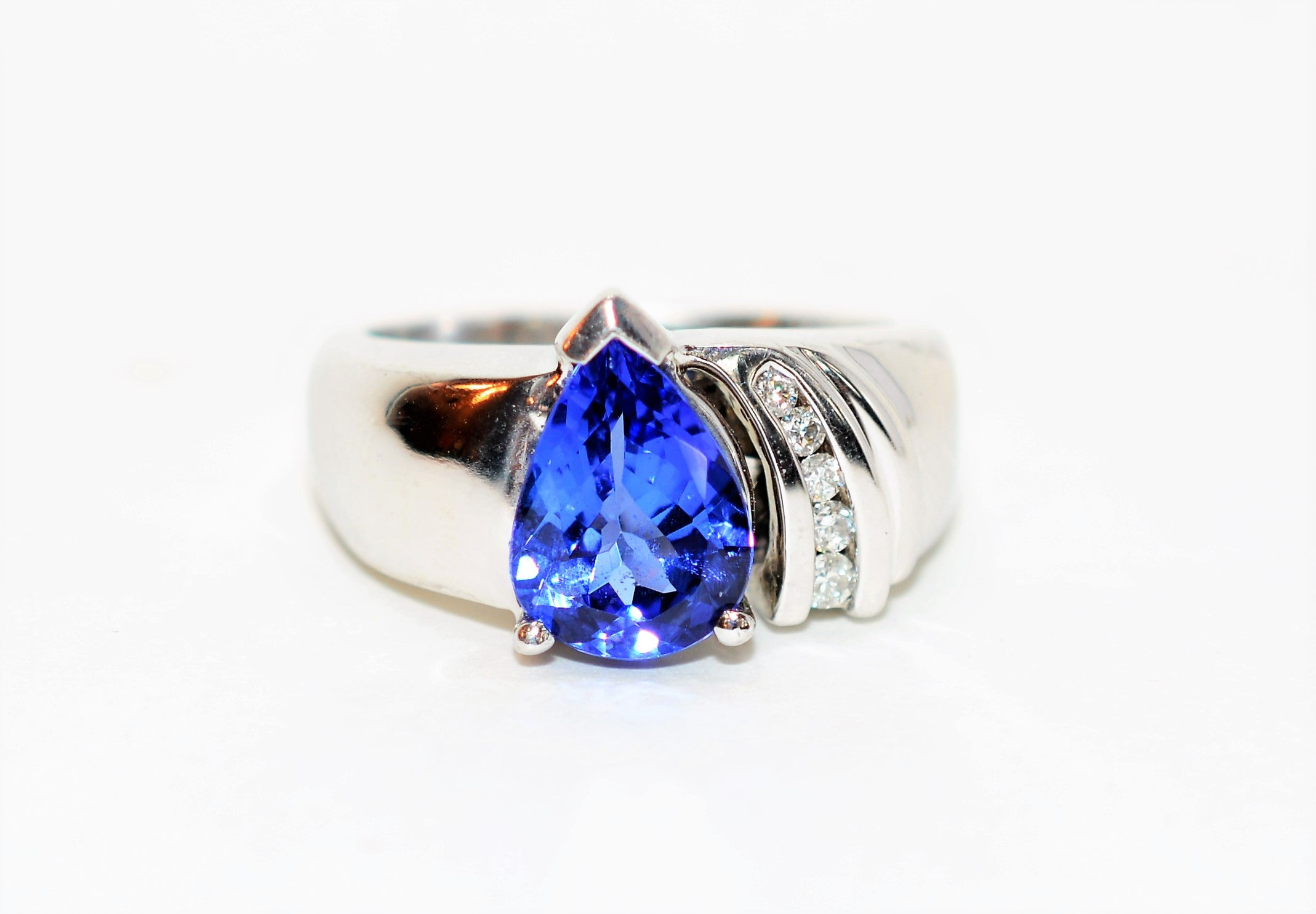 Natural D'Block Tanzanite & Diamond Ring 14K Solid White Gold 2.10tcw Bold Gemstone Pear Cut Fine Vintage Estate Jewelry