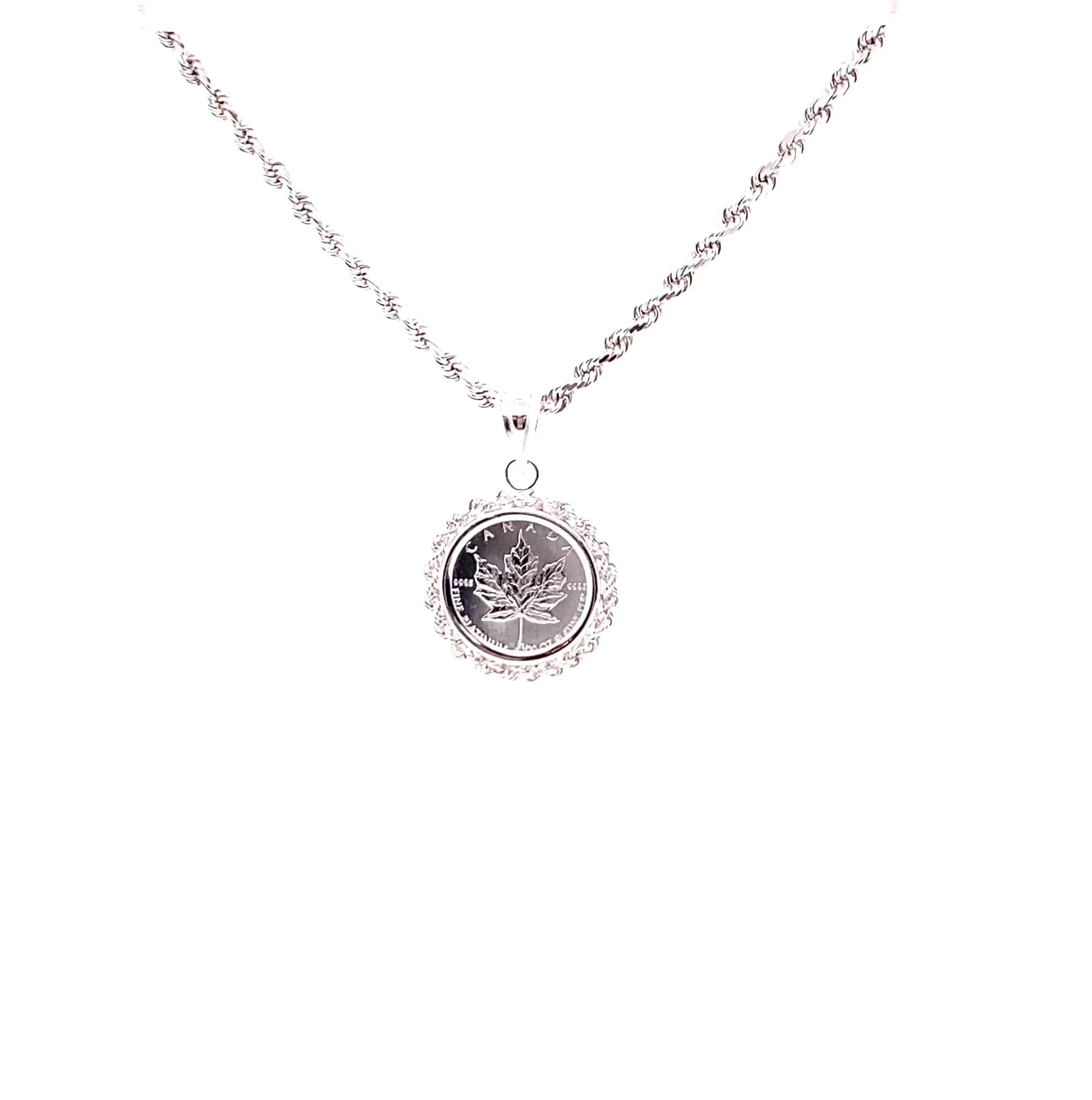 1999 .999 Canadian Platinum Maple Leaf 1 Dollar Coin Necklace 14K Solid White Gold Canadian Mint Necklace Bullion Coin Maple Coin Necklace
