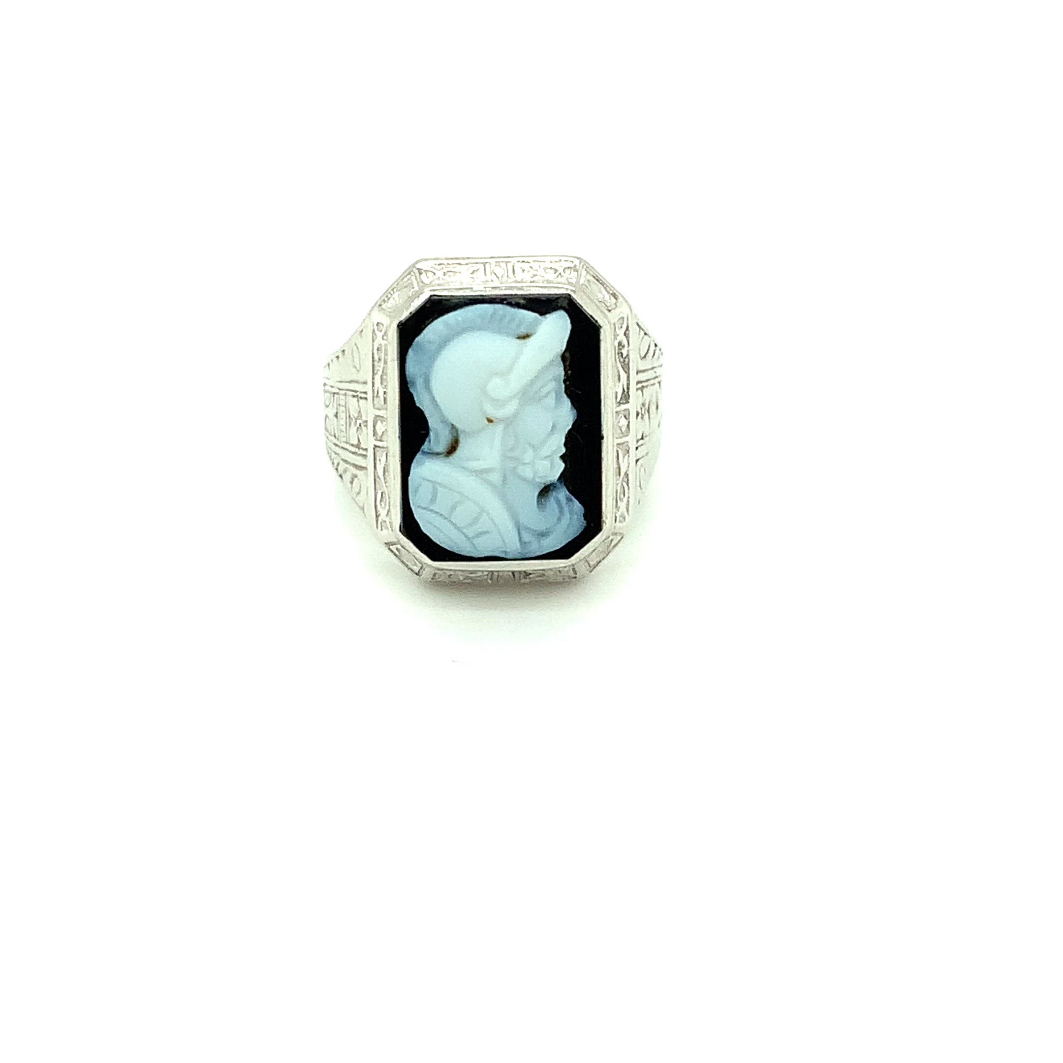 Natural White Chalcedony & Onyx Ring 10K Solid White Gold Intaglio Ring Cameo Ring Roman Soldier Ring Men's Ring Cocktail Ring Vintage Ring