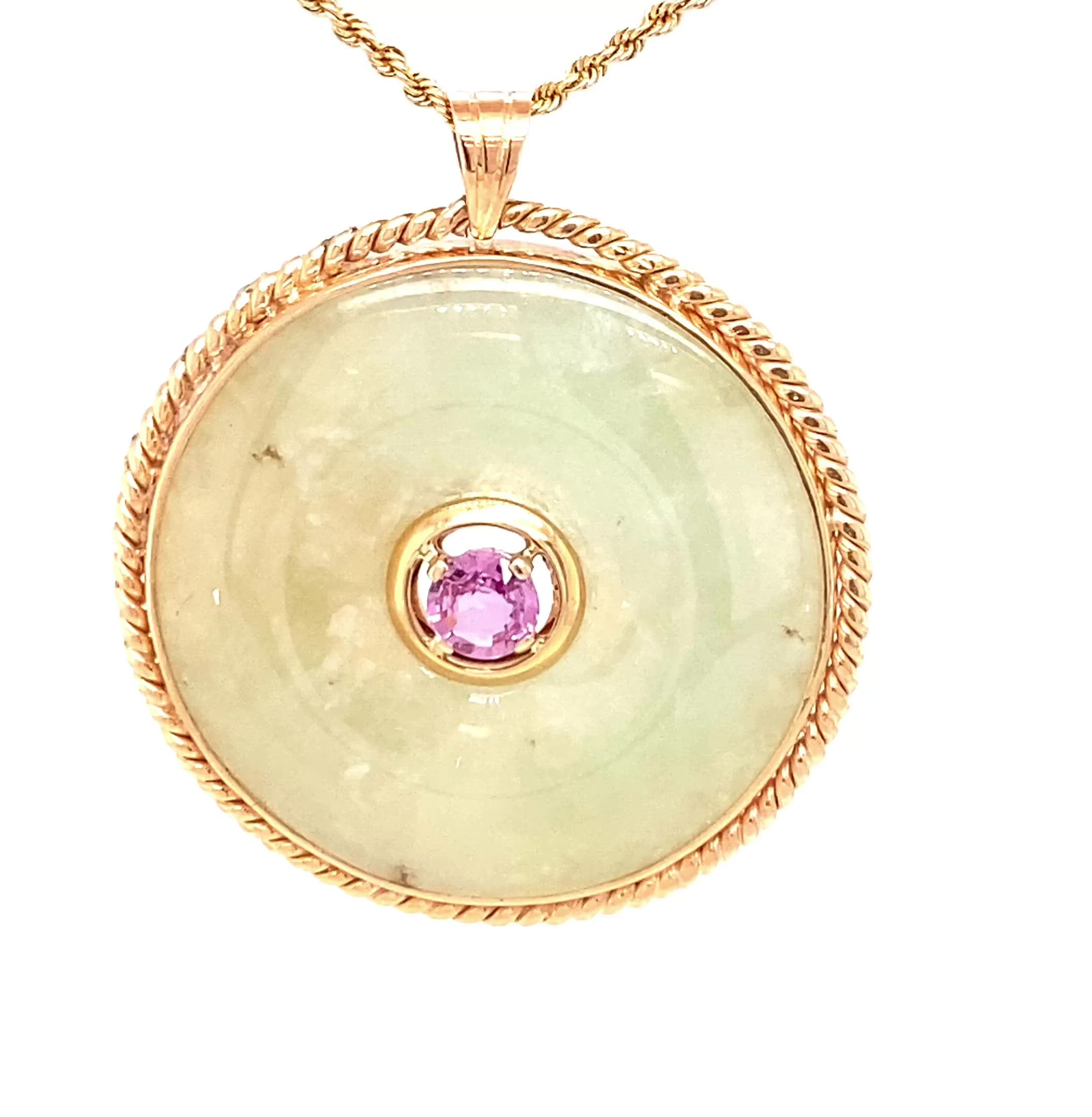 Natural Jade & Padparadscha Sapphire Necklace 14K Solid Gold .68ct Jade Necklace Jade Pendant Vintage Necklace Statement Necklace Estate Jewelry