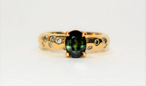 Natural Green Sapphire & Diamond Ring 18K Solid Gold 1.57tcw Gemstone Ring Vintage Ring Statement Ring Birthstone Ring Green Engagement Ring