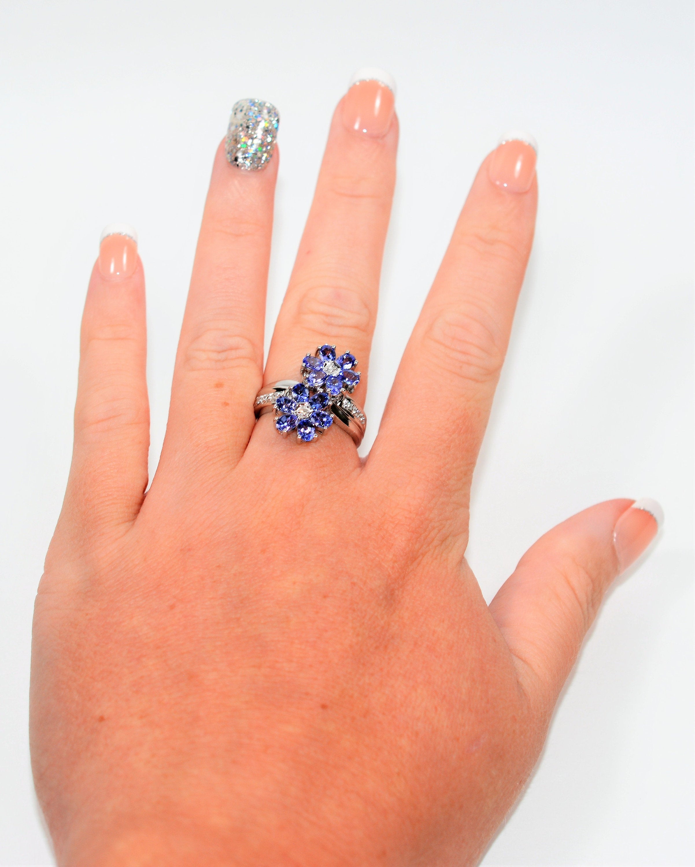 Natural Tanzanite & Diamond Ring 18K Solid White Gold 2.48tcw Flower Ring Cluster Ring Gemstone Ring December Birthstone Ring Women's Ring