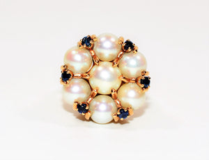 Natural Akoya Pearl & Blue Sapphire Ring 14K Solid Gold .24tcw Antique Ring Cluster Ring Cocktail Ring Statement Ring Fine Vintage Jewellery