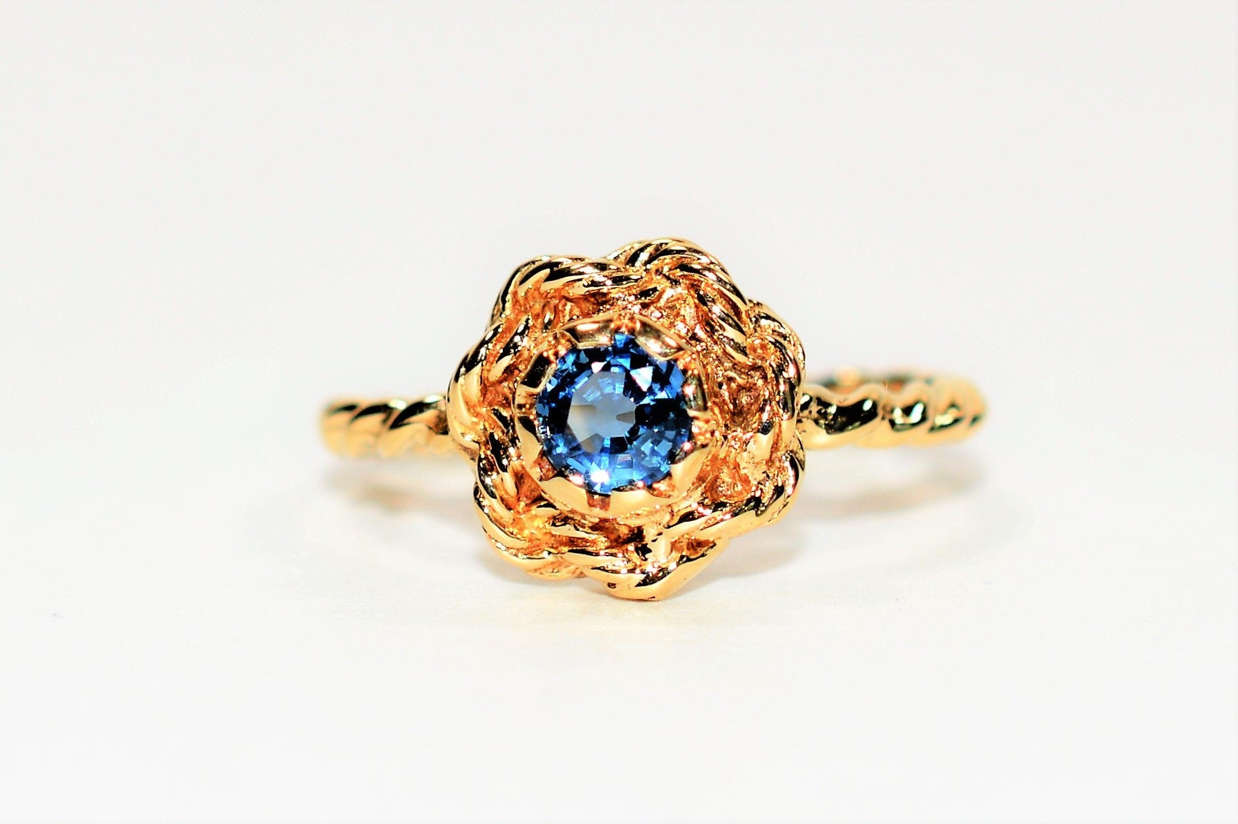 Natural Ceylon Sapphire Ring 14K Solid Gold .53ct Sri Lankan Sapphire Ring Solitaire Ring Flower Ring Fashion Ring September Birthstone Ring
