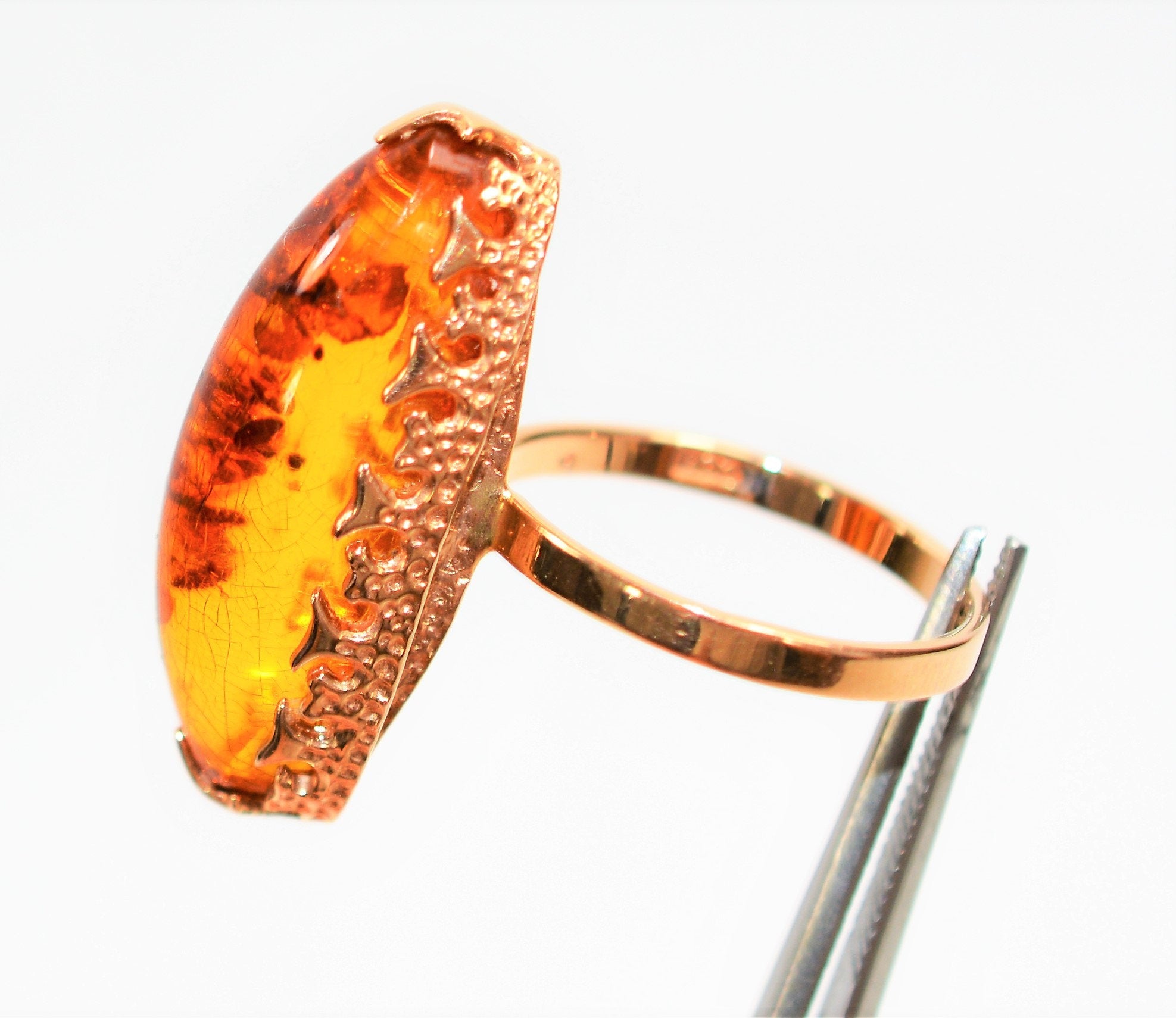 Natural Amber Ring 14K Solid Rose Gold Antique Art Deco Vintage Solitaire Gemstone Estate Jewelry