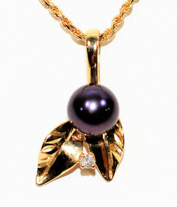 Natural Black Tahitian Pearl & Diamond Necklace 14K Solid Gold .04ct Gemstone Necklace Vintage Necklace Pendant Necklace Women's Necklace