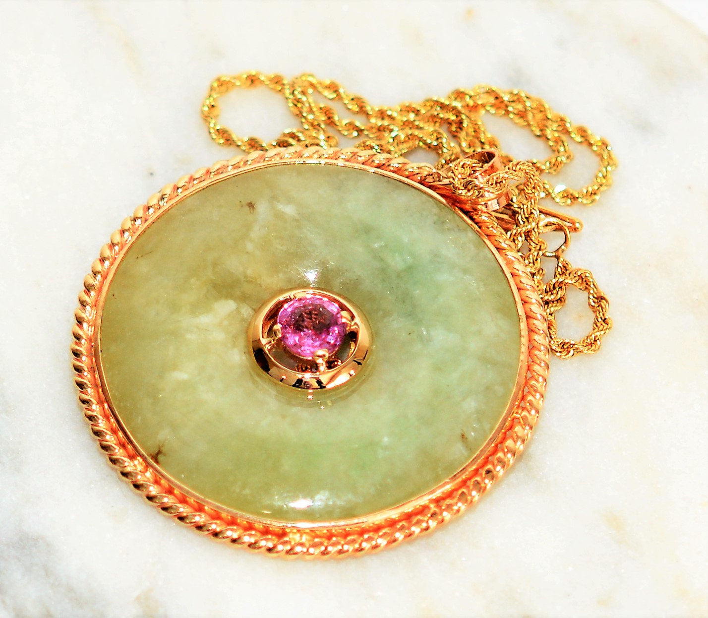 Natural Jade & Padparadscha Sapphire Necklace 14K Solid Gold .68ct Jade Necklace Jade Pendant Vintage Necklace Statement Necklace Estate Jewelry