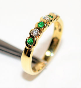 Natural Colombian Emerald & Diamond Band 14K Solid Gold .21tcw Wedding Ring Stackable Ring Band Ring Women’s Ring May Birthstone Ring Estate