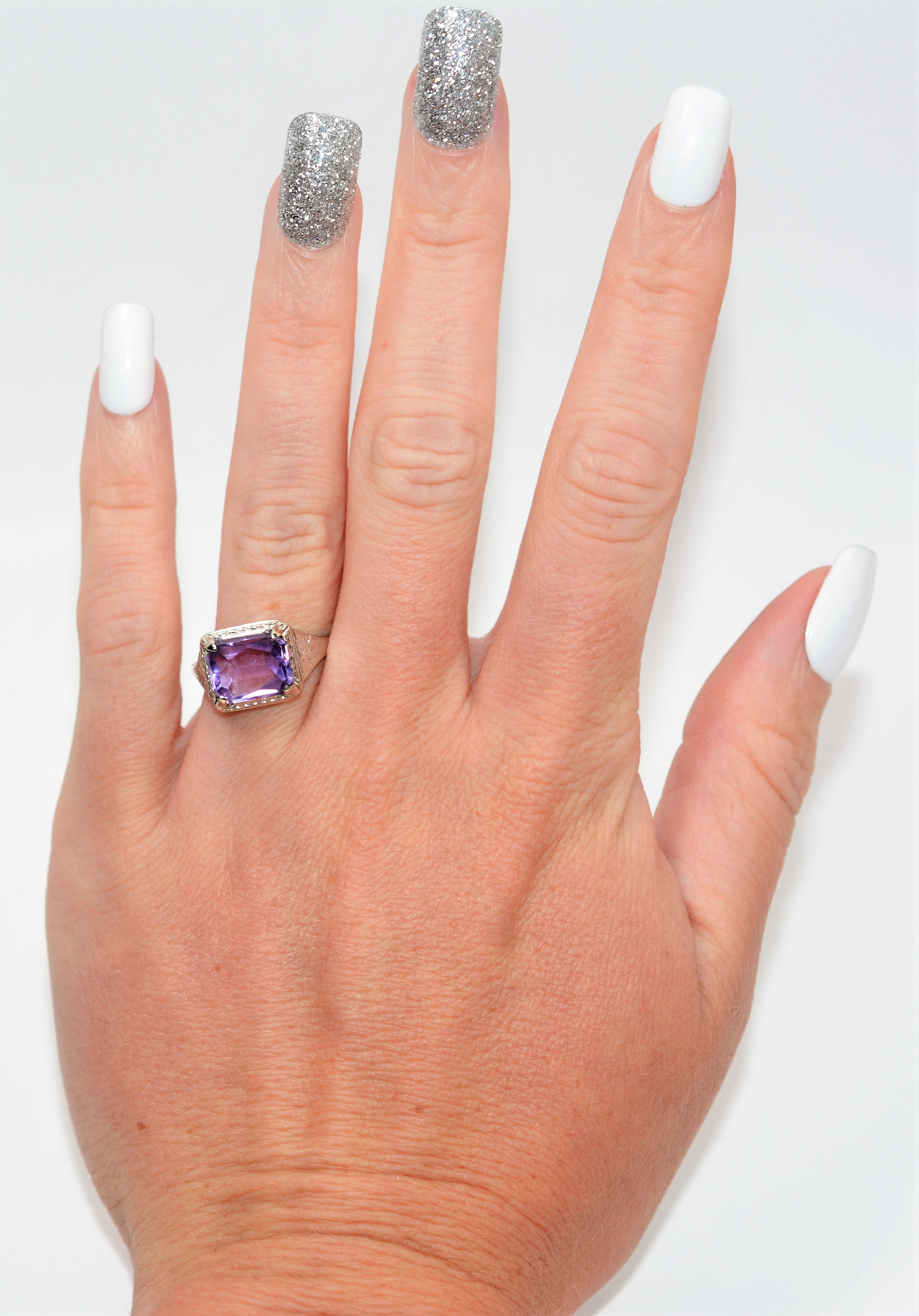 Natural Amethyst Ring 14K Solid White Gold 2.68ct Antique Ring Birthstone Ring Purple Ring Art Deco Ring Solitaire Ring Women’s Ring Estate